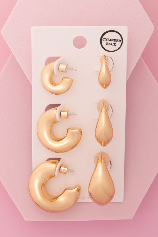 Rebecca 3 Pair Elbow Macaroni Hoop Earring Set with Cylinder Backing | Gold