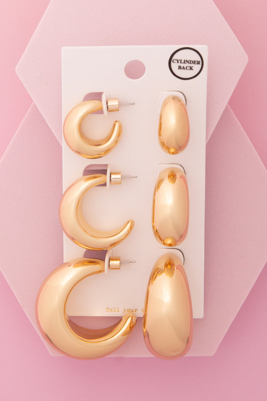 Ariyah 3 Pair Crescent Shape Hoop Earring Set with Cylinder Backing | Gold