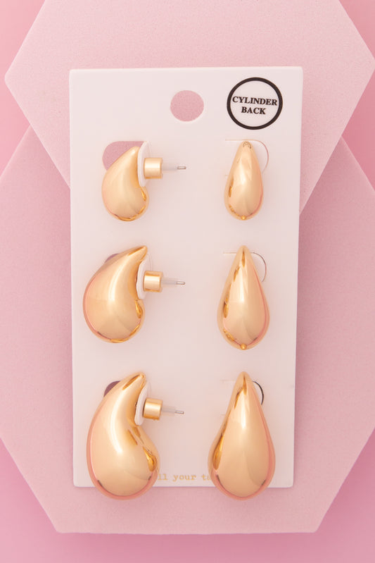 Annabelle 3 Pair Pear-Shaped Post Earring Set with Cylinder Backings | Gold