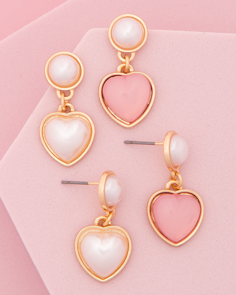 Rose Pearl Post Dangle Earrings with Bezel Vitreous Enamel Heart