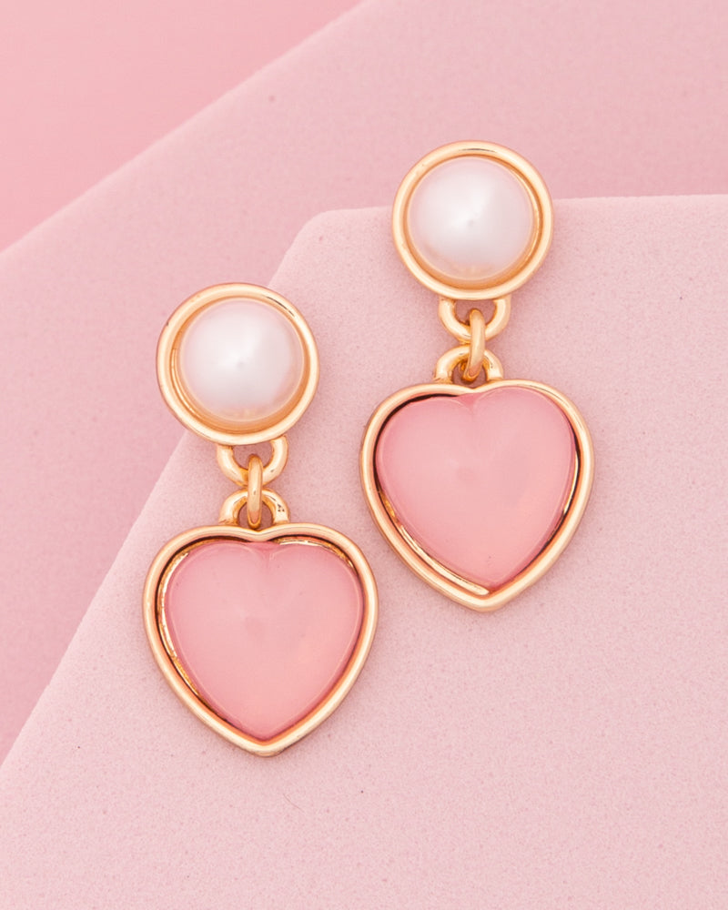 Rose Pearl Post Dangle Earrings with Bezel Vitreous Enamel Heart | Pink