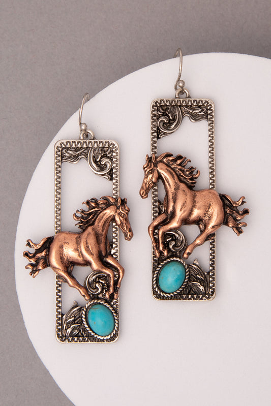 Violet Western Turquoise Embellished Wild Horse Dangle Earrings | Copper