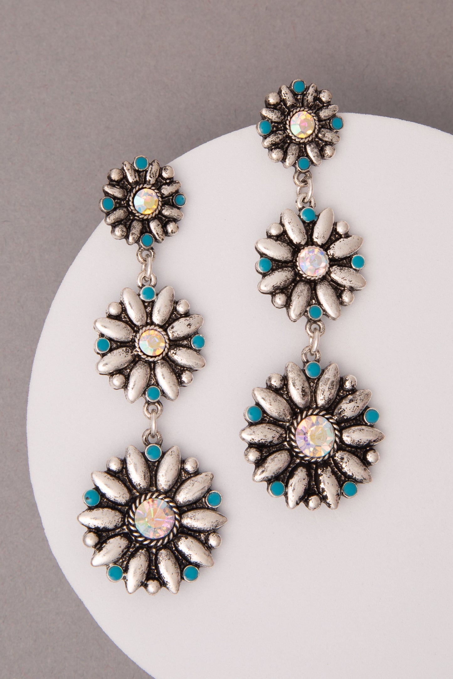 Ayra Turquoise Crystal Embellished Floral Concho Linear Earrings