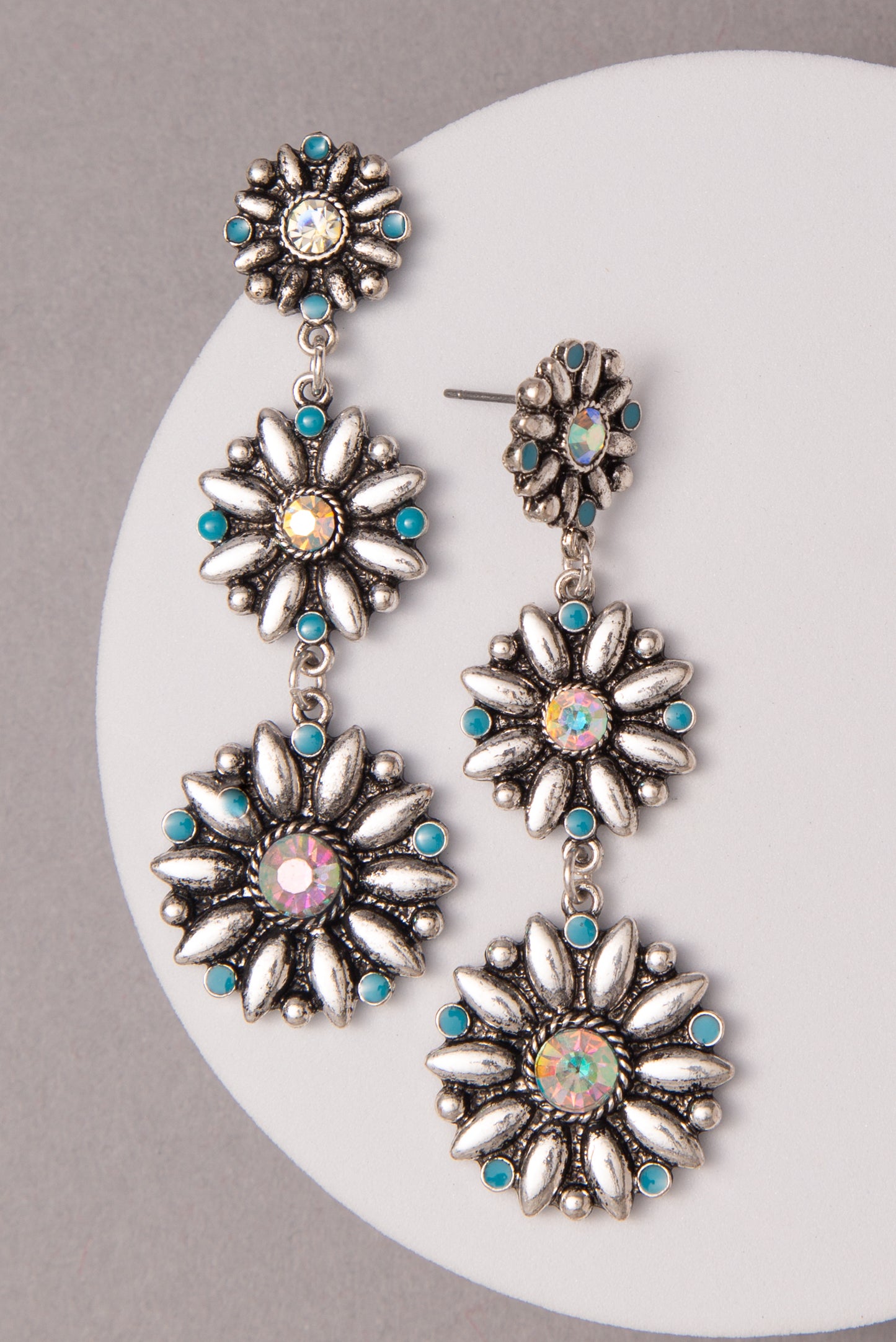 Ayra Turquoise Crystal Embellished Floral Concho Linear Earrings | Iridescent