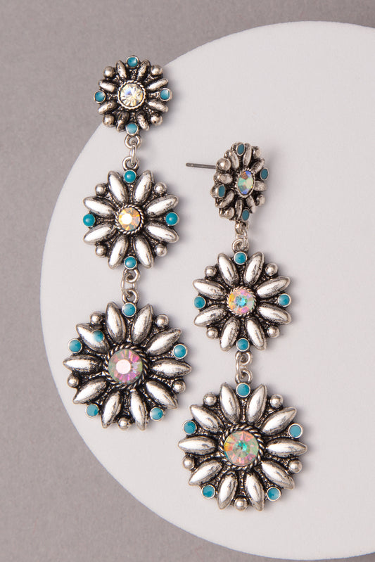 Ayra Turquoise Crystal Embellished Floral Concho Linear Earrings | Iridescent