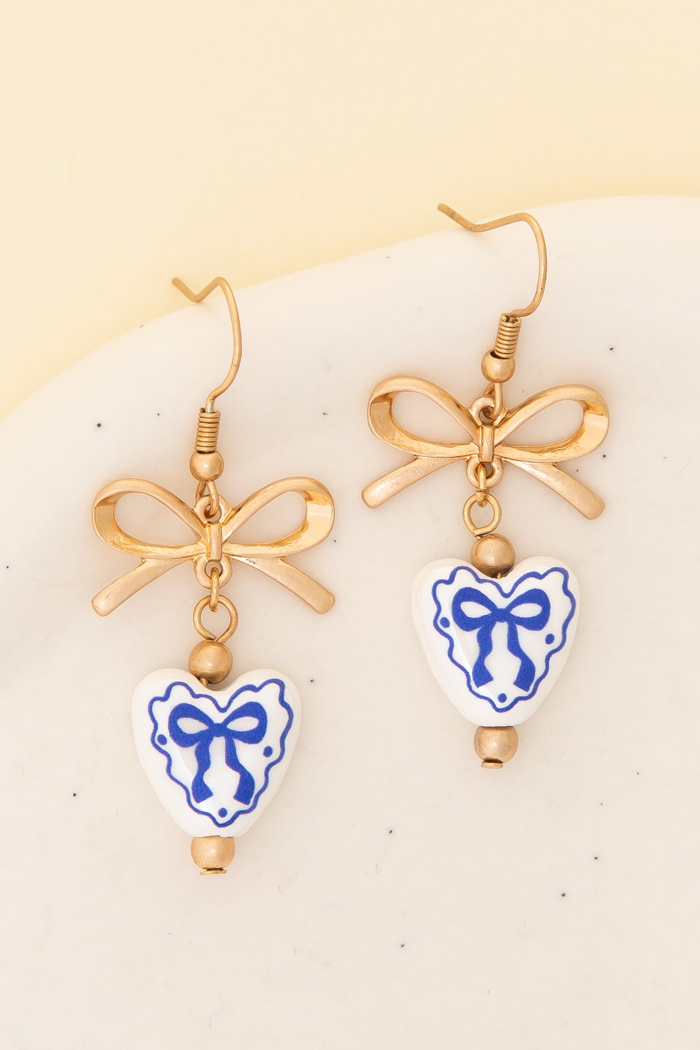 Lilith Ceramic Heart Charm Dangle Earrings with Bow Accent