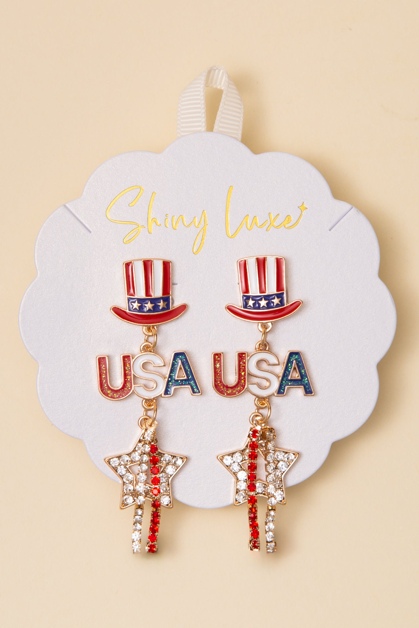 Rose USA Flag Themed Rhinestone Pavé Enamel Hat and Star Earrings
