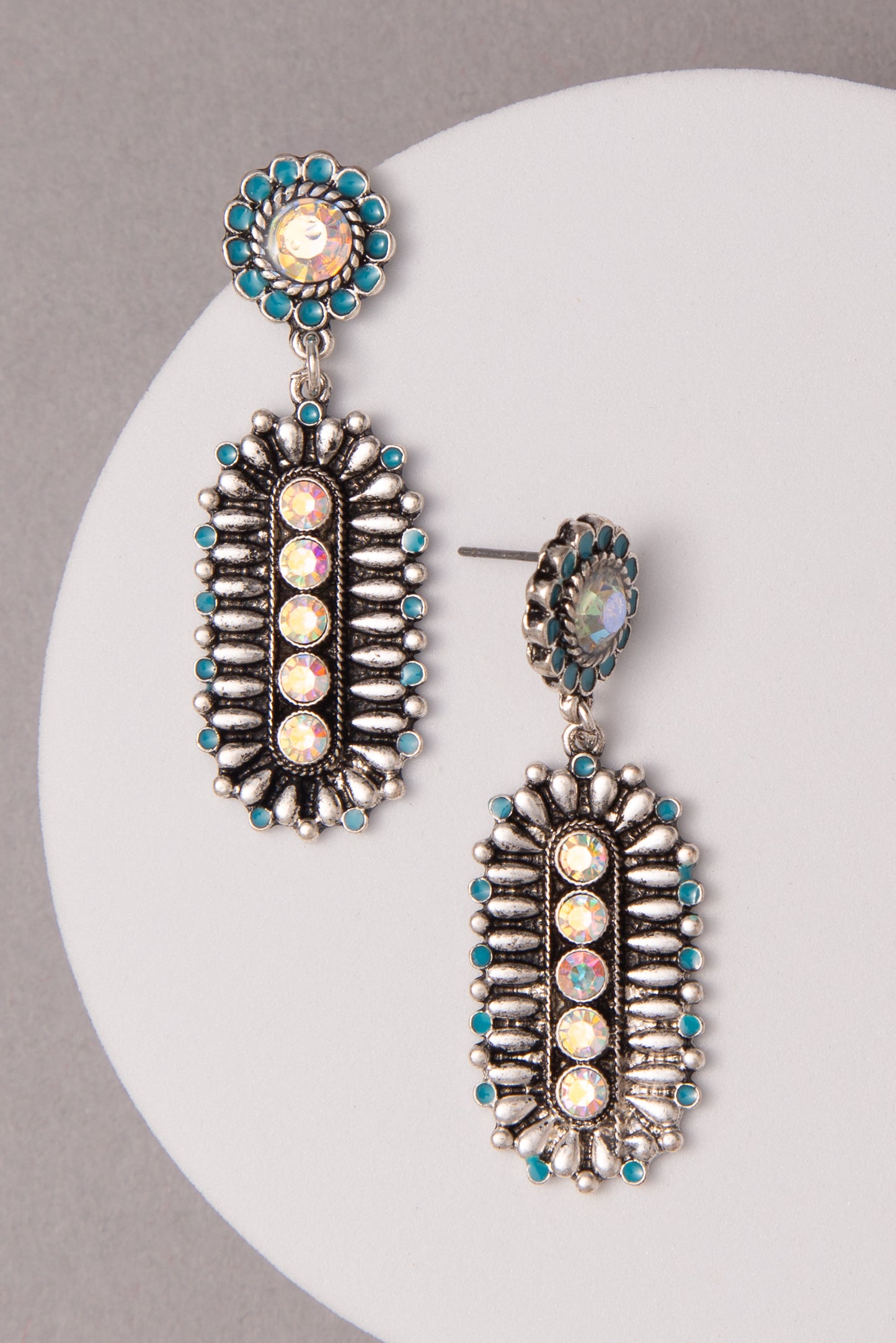 Maya Turquoise Crystal Embellished Oval Concho Dangle Earrings | Iridescent