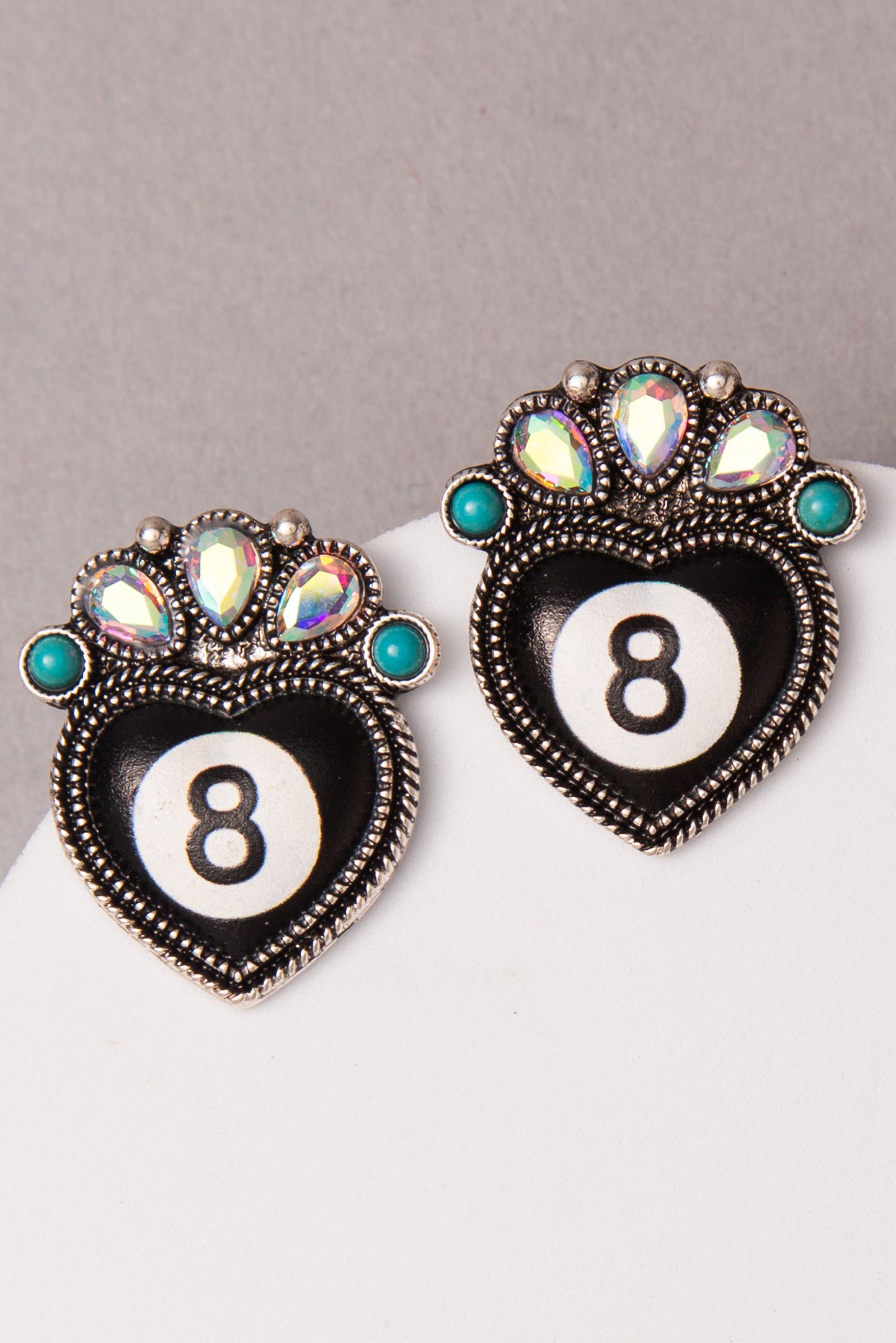 Natalie Western Turquoise Crystal Embellished 8 Ball Heart Earrings
