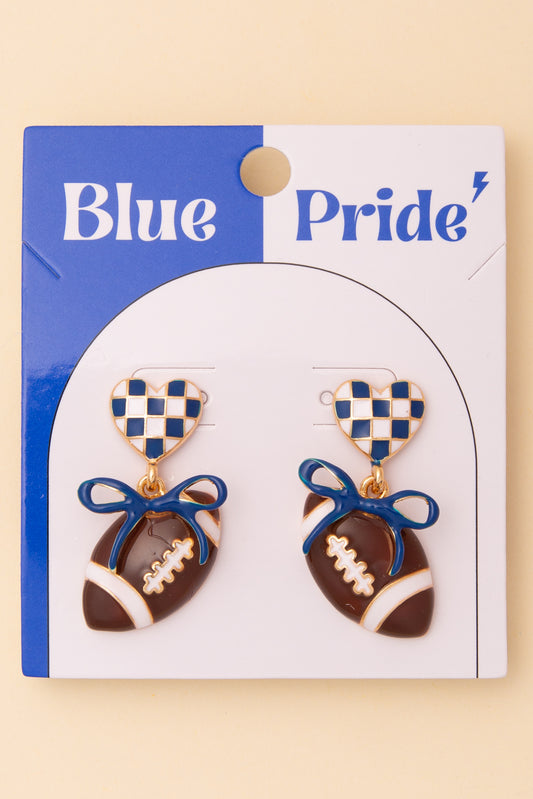 Penelope Game Day Football and Heart Post Dangle Earrings with Bow | Blue White