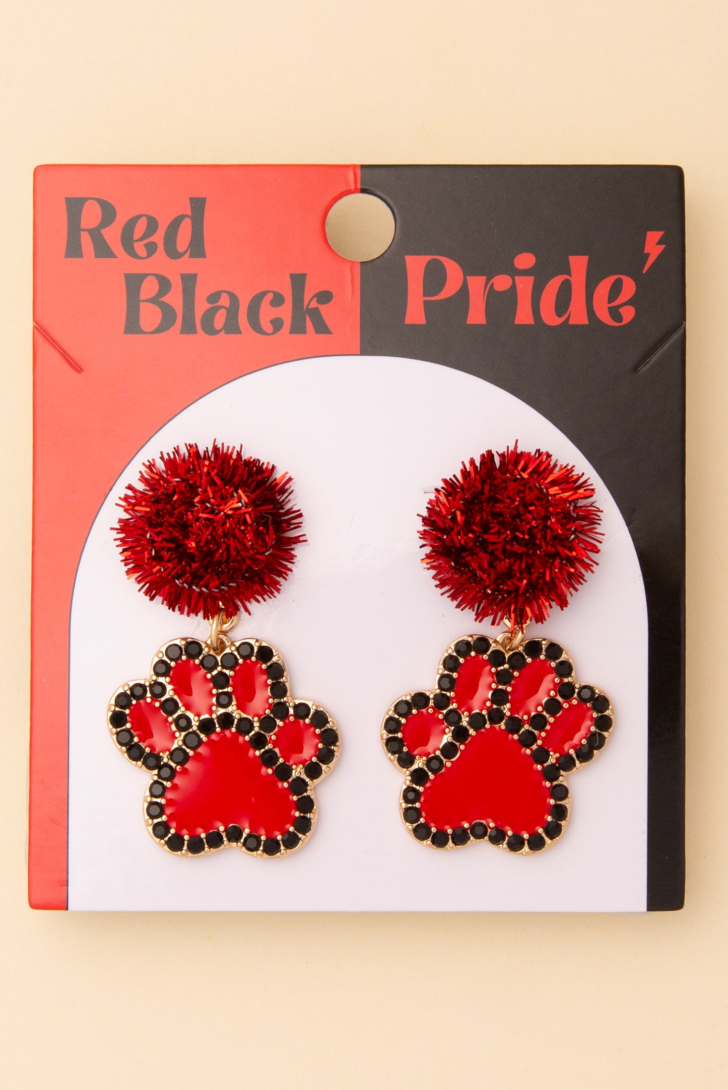 Margaret Game Day Dog Paw Dangle Earrings with Pom and Rhinestone