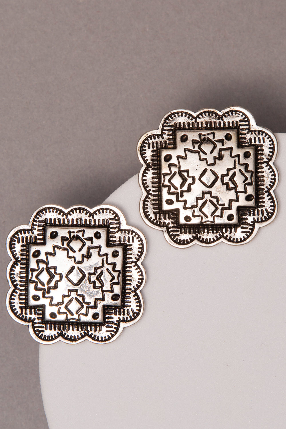 Sienna Western Aztec Pictograph Etched Scallop Concho Earrings