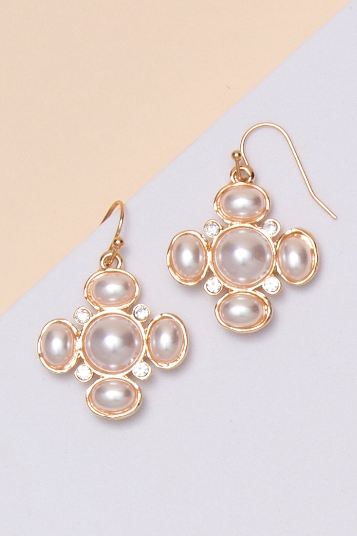 Khloe Faceted Stone Cluster Drop Earrings with Multi Stone Accents | Gold Pearl