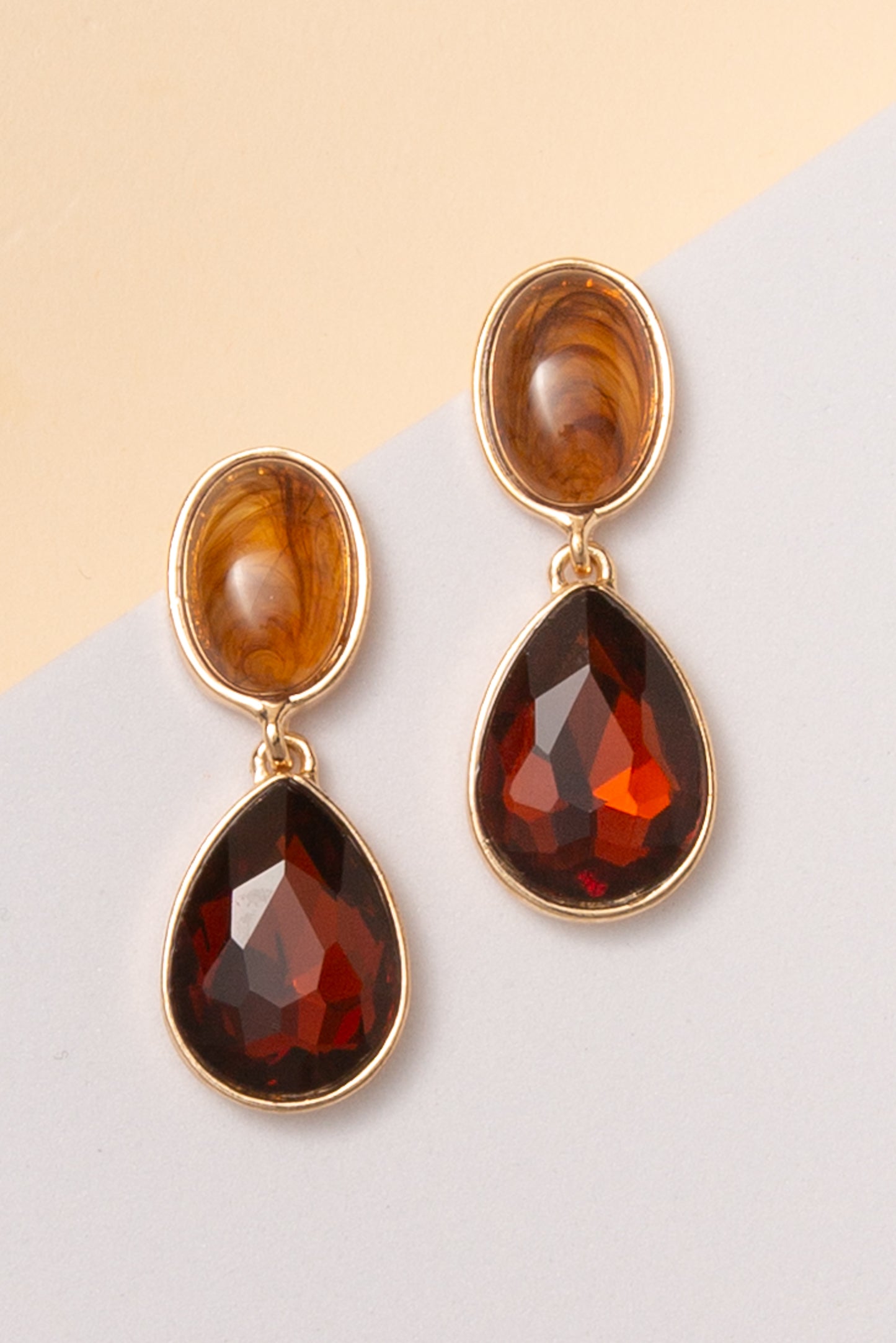 Penelope Oval Stone Post Earrings with Crystal Teardrop Accent | Brown