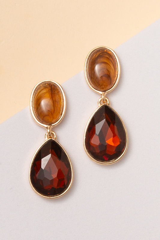 Penelope Oval Stone Post Earrings with Crystal Teardrop Accent | Brown