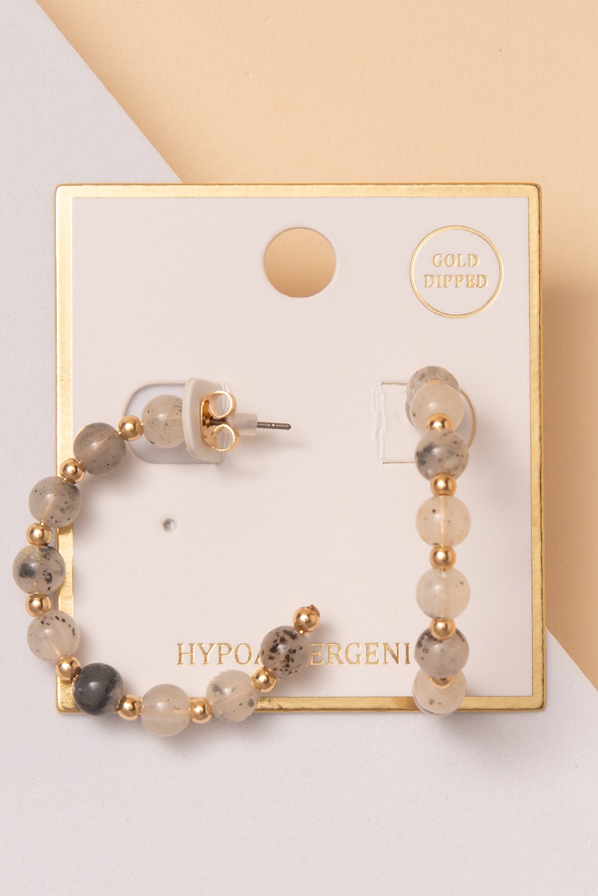 Kiara Gold Dipped Marble Beaded Open Hoop Earrings | Grey