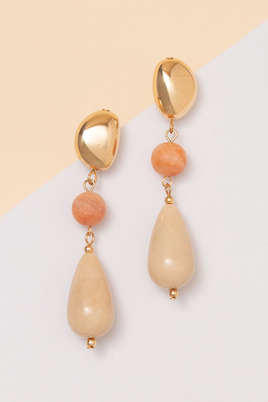 Phoebe Acrylic Marble Teardrop Bead Post Dangle Earrings | Beige