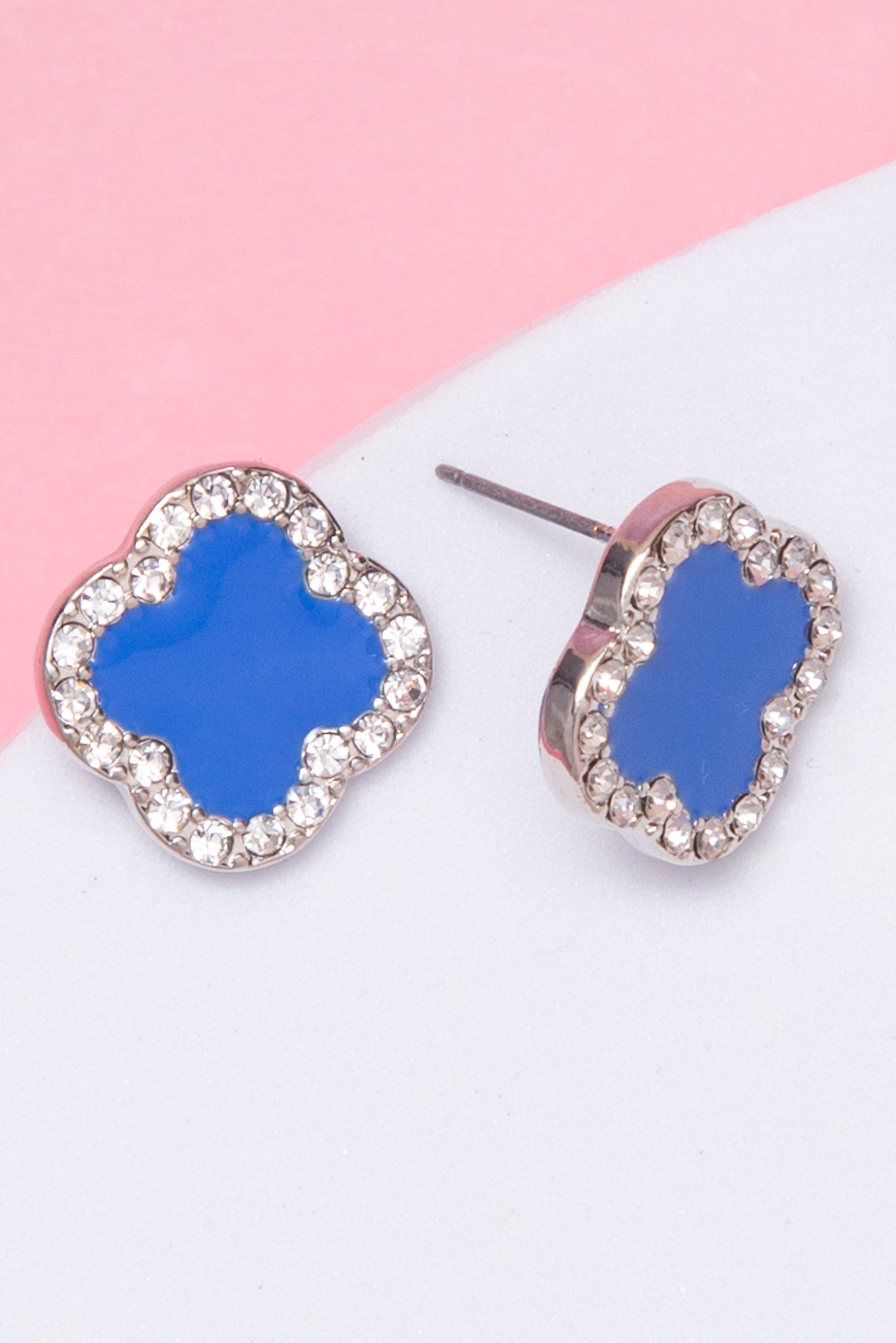 Laura Clover Shaped Enamel Stud Earrings with Rhinestone Border | Blue