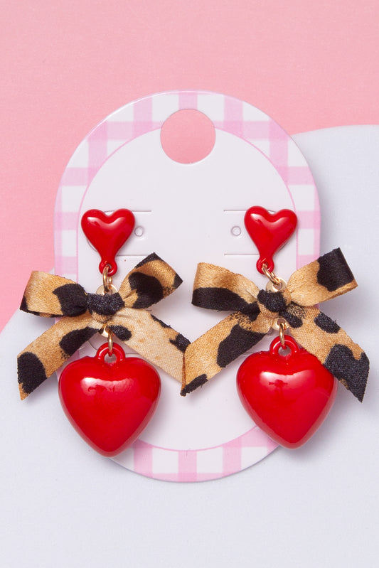 Samantha Red Heart Post Dangle Earrings with Leopard Print Bow
