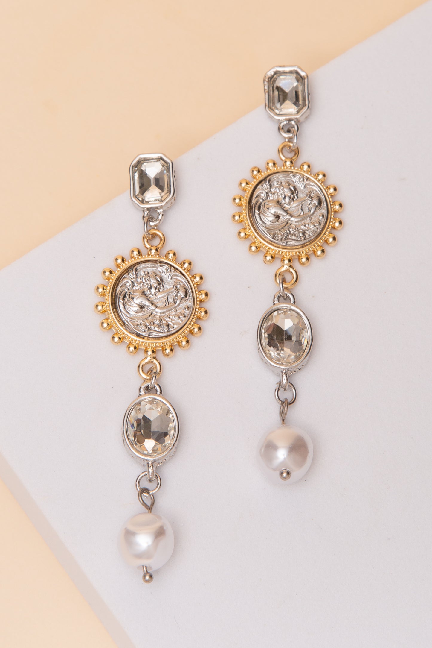 Hazel Two Tone Angel Coin Post Dangle Earrings | Silver