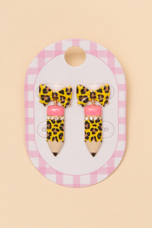 Adaline Teacher Enamel Leopard Pencil Dangle Earrings