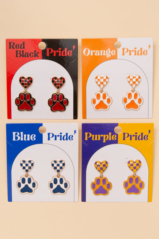 Arianna Gameday Checker Patterned Heart And Paw Dangle Earrings