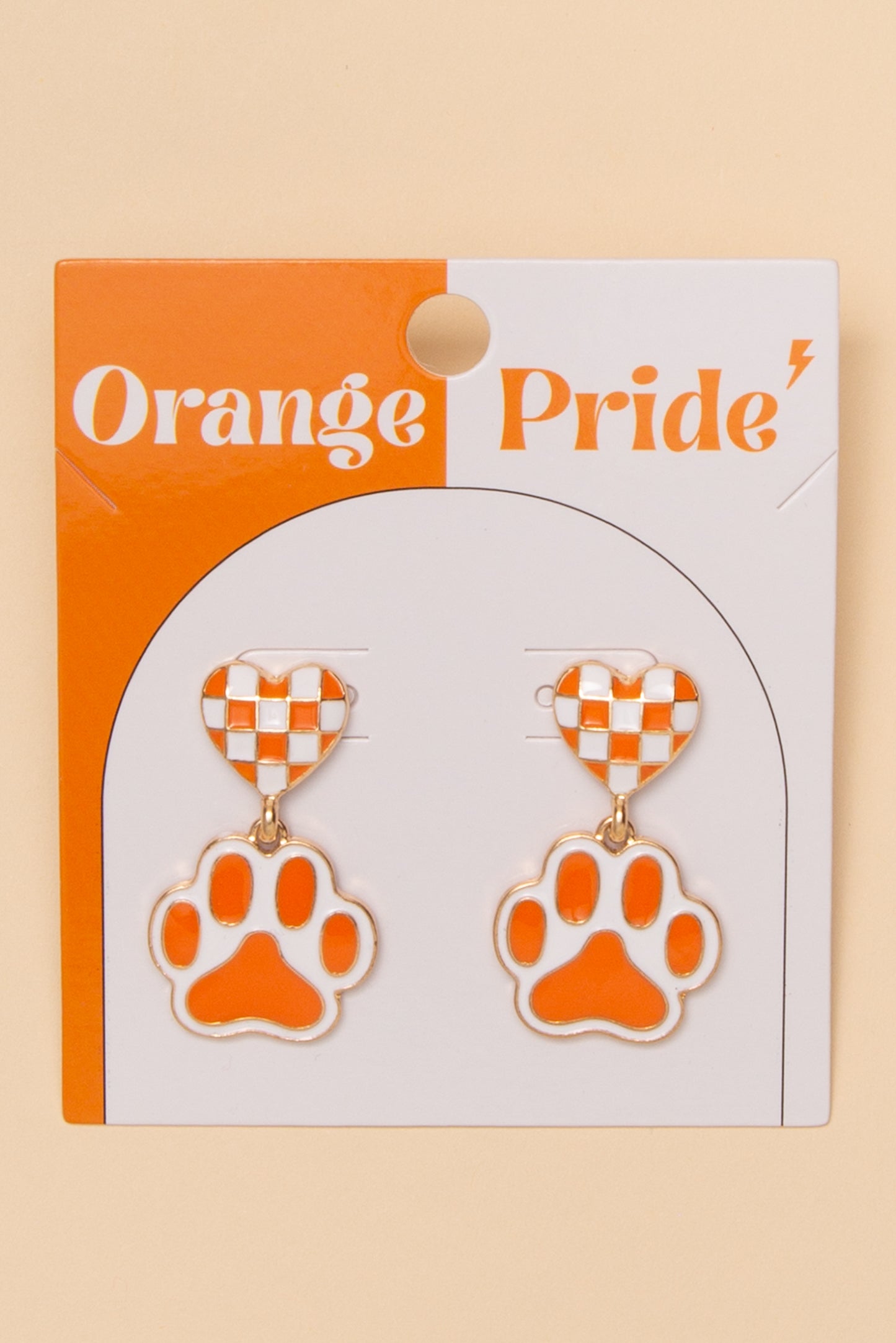 Arianna Gameday Checker Patterned Heart And Paw Dangle Earrings | Orange & White