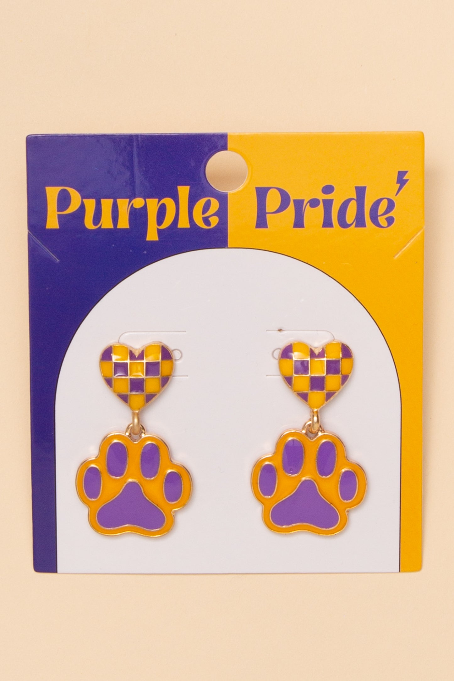 Arianna Gameday Checker Patterned Heart And Paw Dangle Earrings | Purple & Yellow