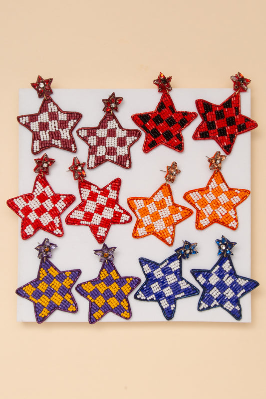 Phoebe Gameday Checker Pattern Beaded Star Drop Earrings