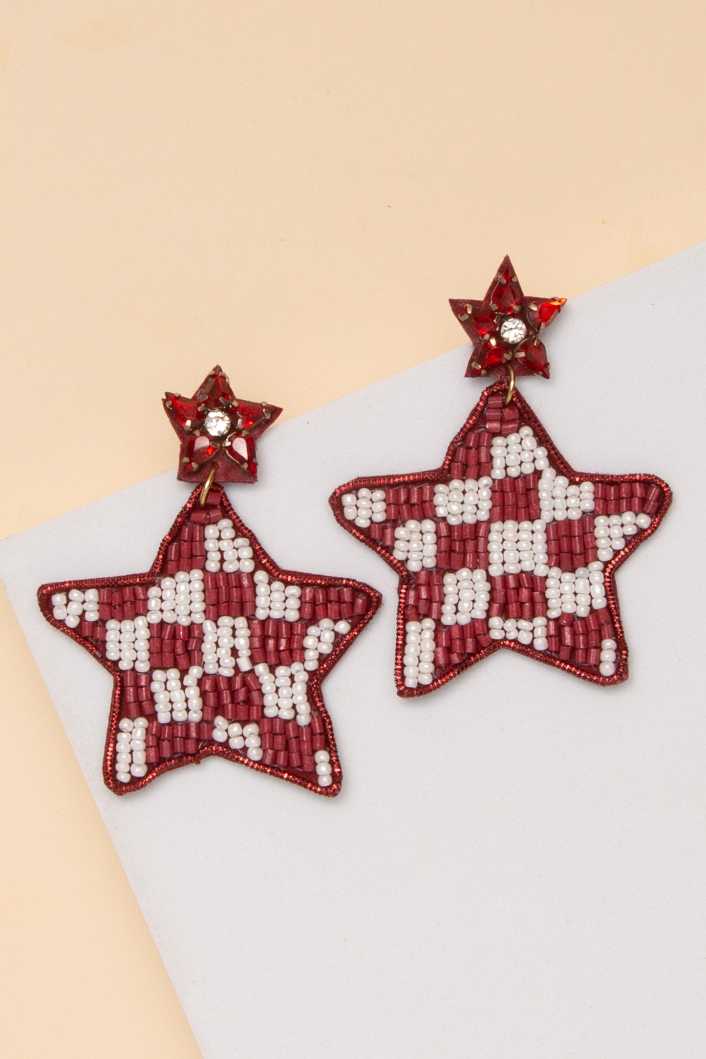 Phoebe Gameday Checker Pattern Beaded Star Drop Earrings | Burgundy & White