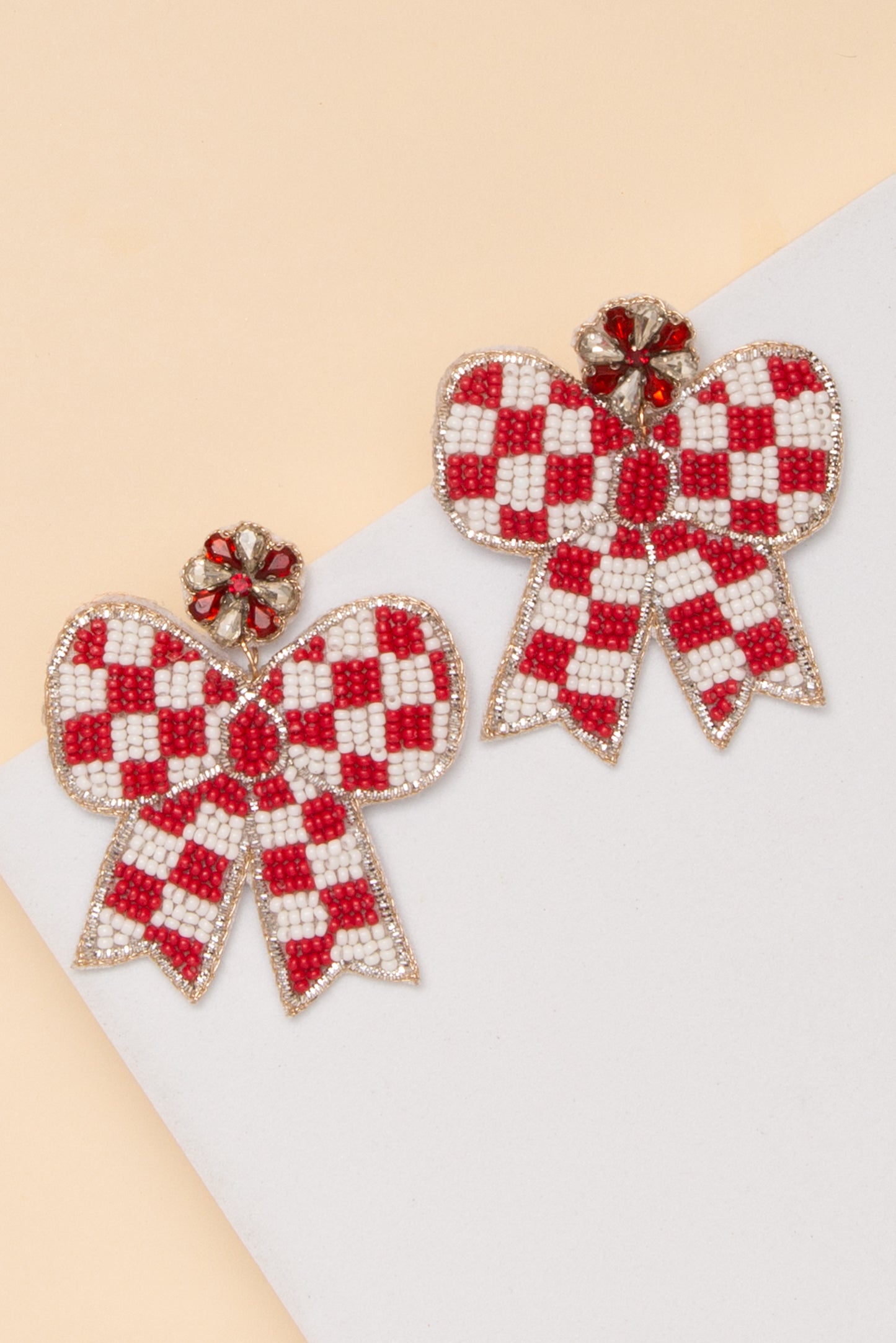 Anastasia Gameday Checker Pattern Beaded Bow Drop Earrings | Burgundy & White