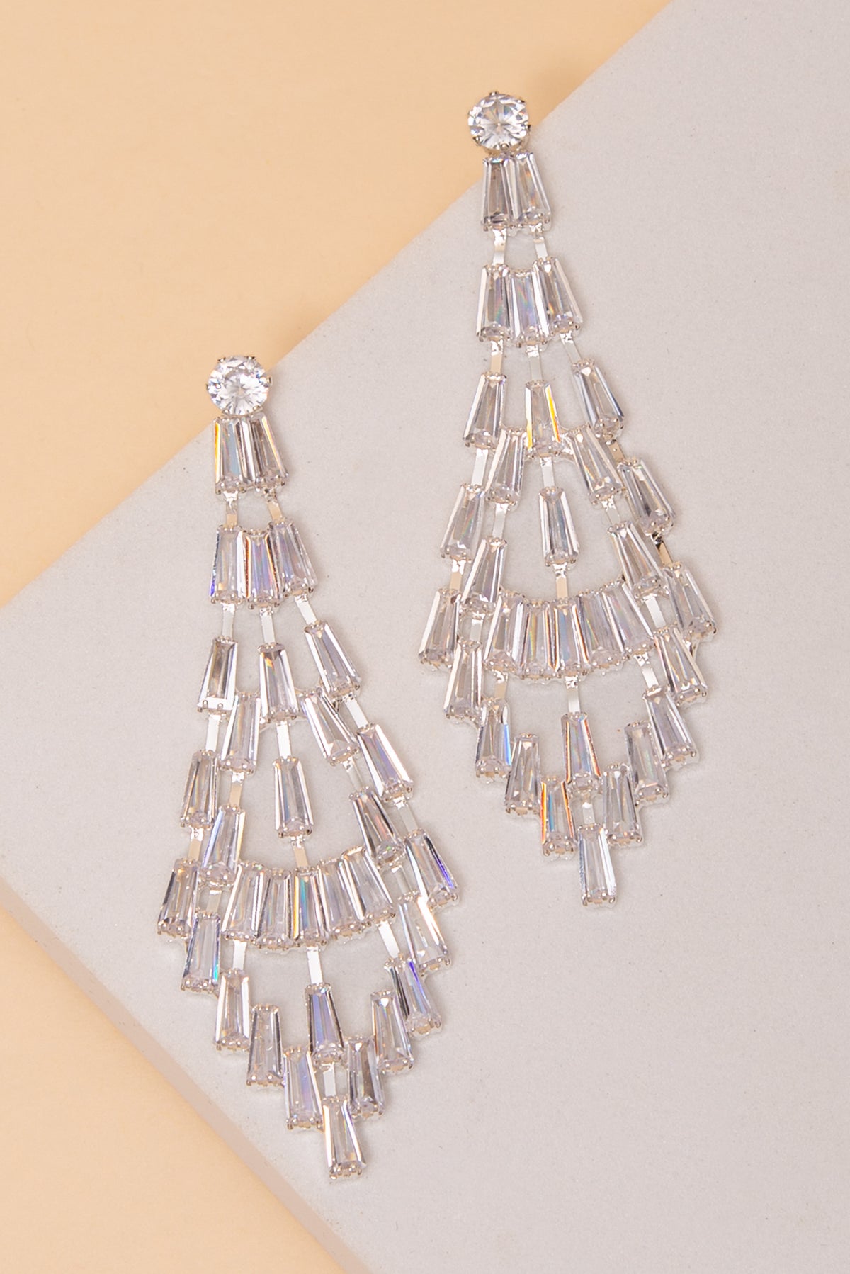 Kira Curved Baguette Cubic Zirconia Tassel Post Earrings | Silver