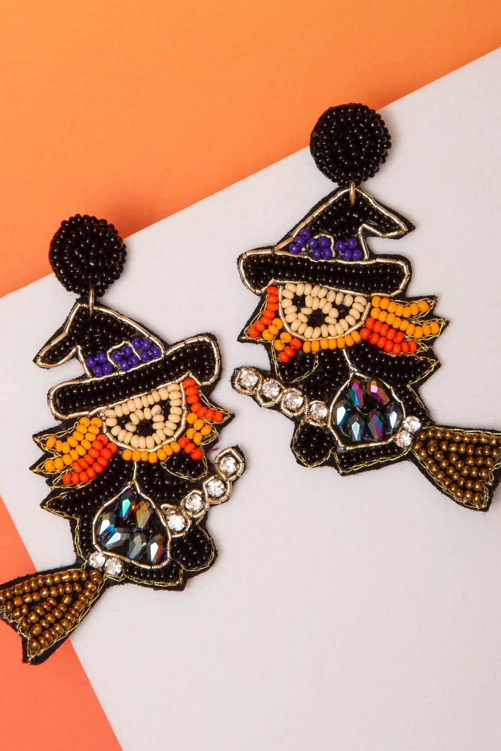Esther Witch With Crystal Broom Seed Beaded Drop Post Earrings