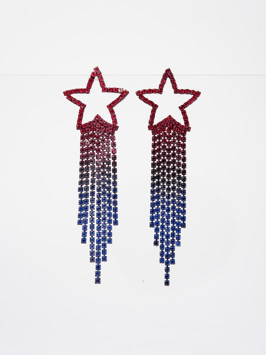 Juniper Patriotic USA Rhinestone Star Fringe Earrings | Red