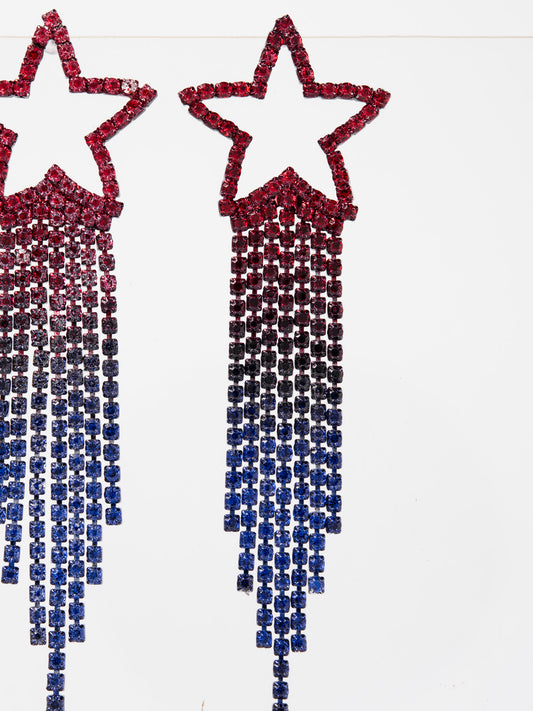 Juniper Patriotic USA Rhinestone Star Fringe Earrings | Red