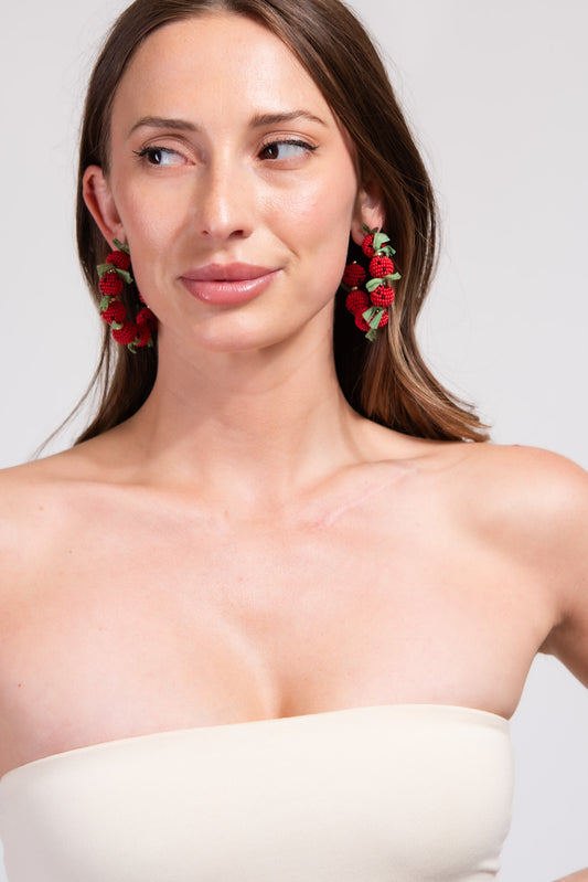 Melanie Strawberry Open Hoop Earrings - Red