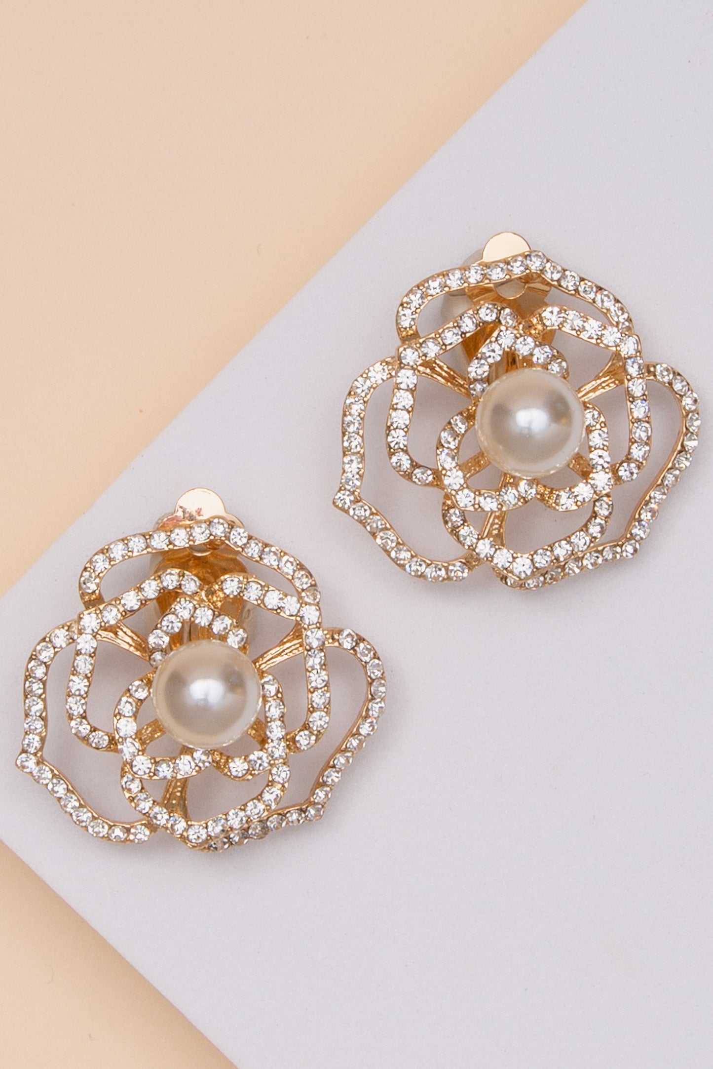 Kenzie Pearl Crystal Rose Outline Clip-On Earrings | Gold