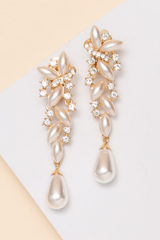 Maya Rhinestone Crystal Cluster Clip-On Earrings | Gold Pearl
