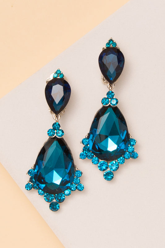 Karla Clip On Earrings With Faceted Teardrop Crystals | Blue