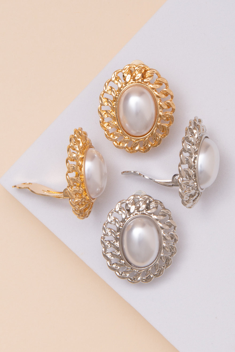 Nola Pearl Bezeled Clip On Earrings with Oval Trim
