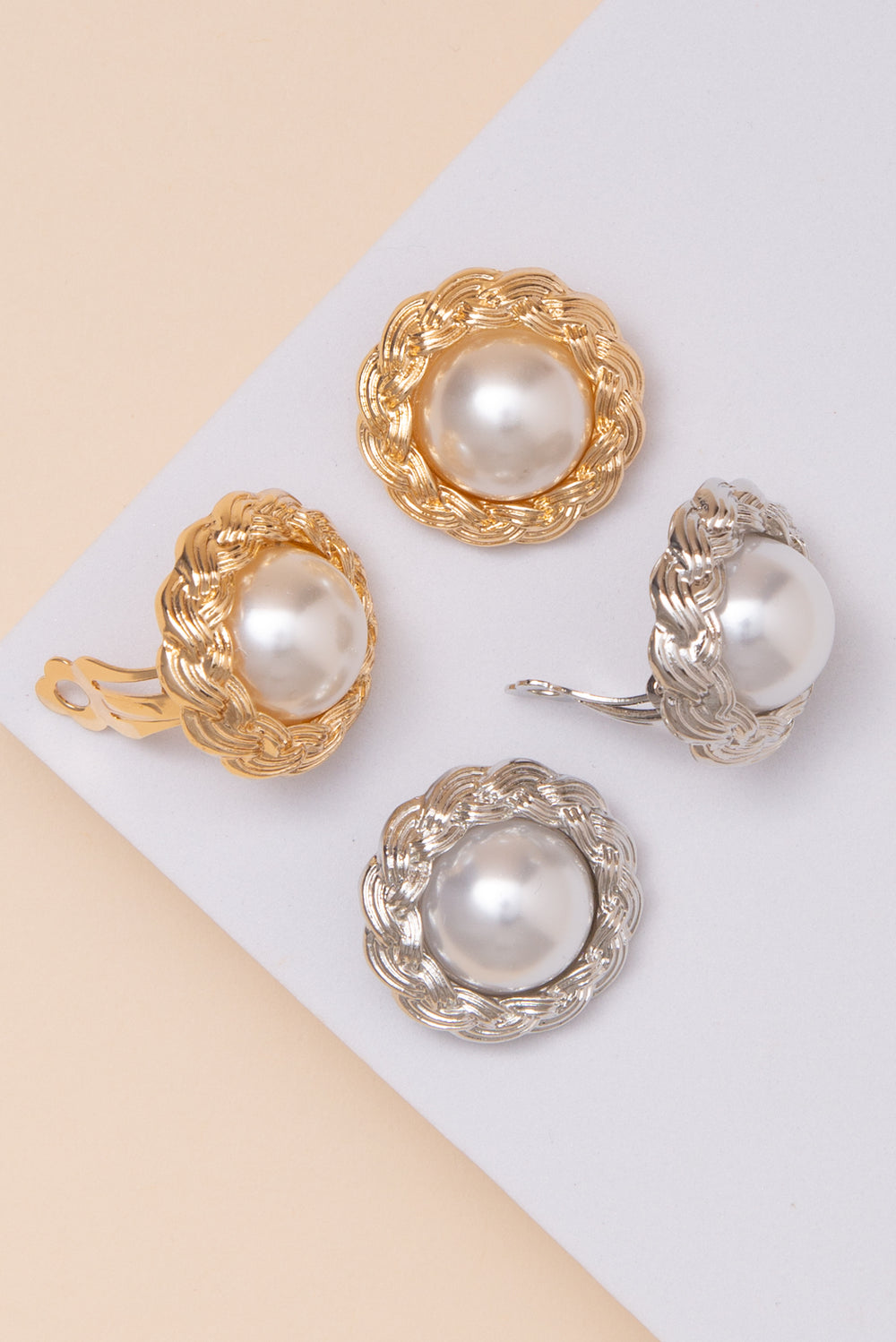 Paula Clip On Earrings with Pearl Center and Braided Metal Trim
