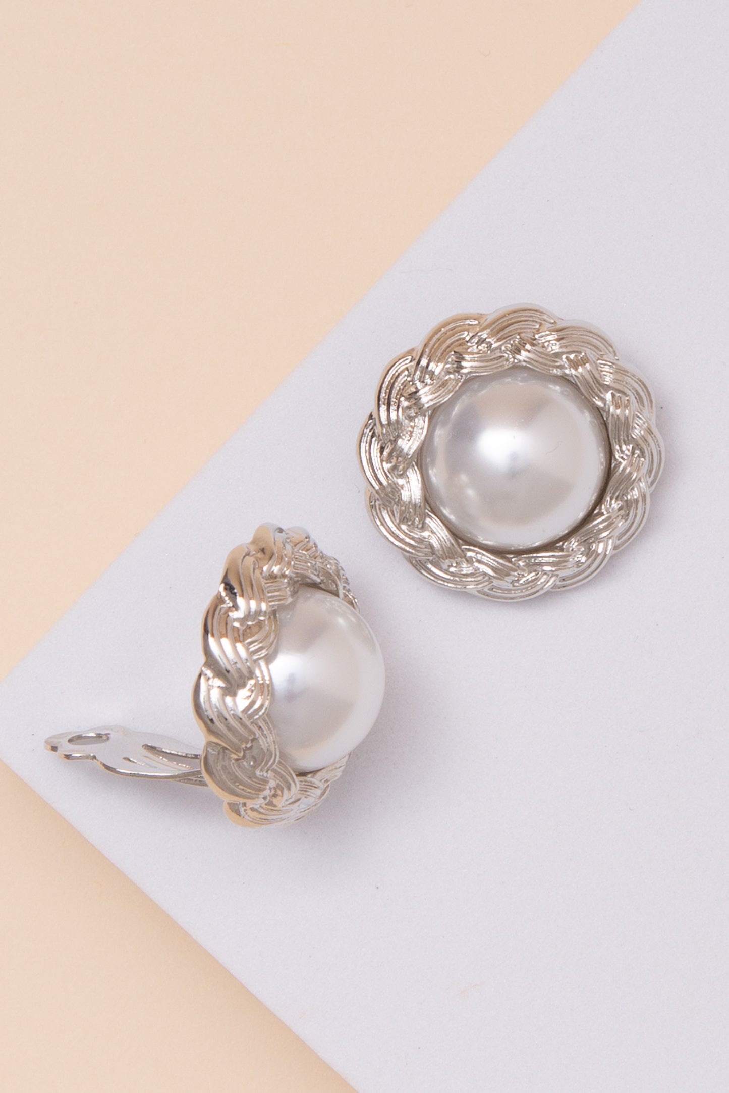 Paula Clip On Earrings with Pearl Center and Braided Metal Trim | Silver