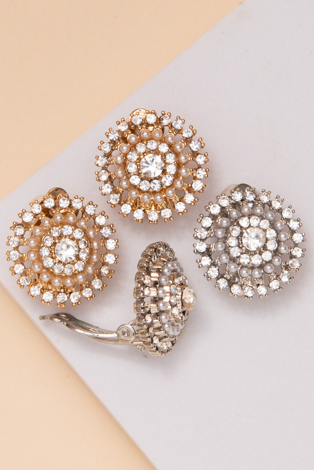 Ashley Multi Row Crystal Pearl Cluster Clip Earrings
