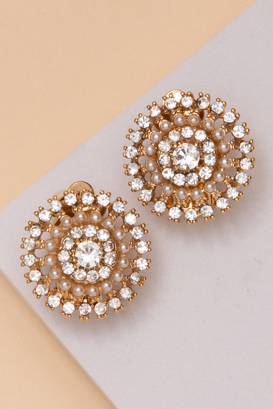 Ashley Multi Row Crystal Pearl Cluster Clip Earrings | Gold