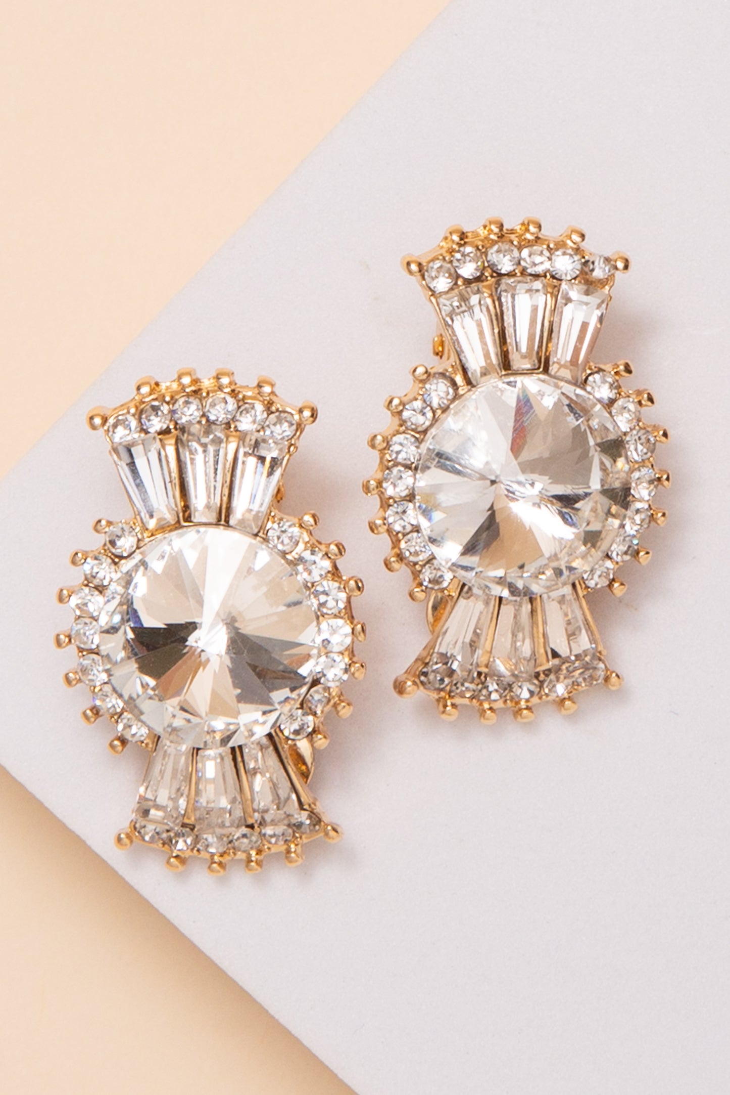 Annie Pearl Multi-Faceted Crystal with Baguette Clip on Earrings