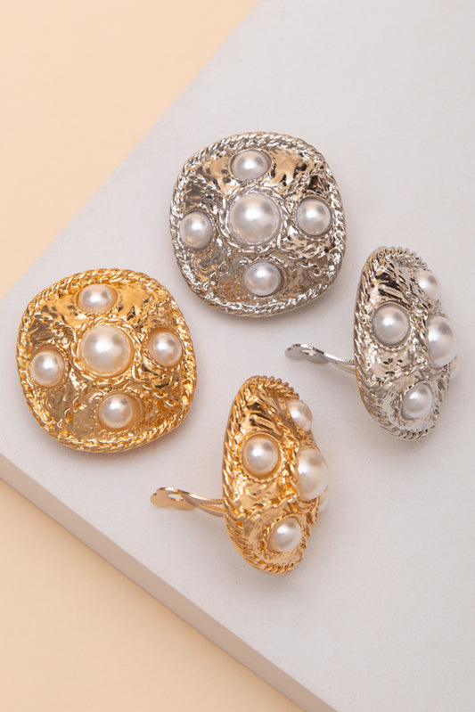 Blaire Textured Rope Edge Pearl Clip Earrings