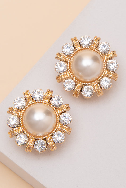 Kira Pearl Center Crystal Border Clip On Earrings | Gold