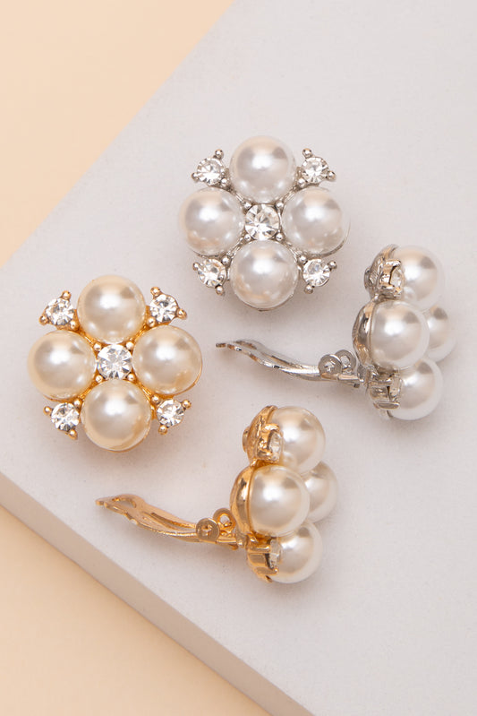 Liana Four Pearl Flower Clip On Earrings With Crystal Detail