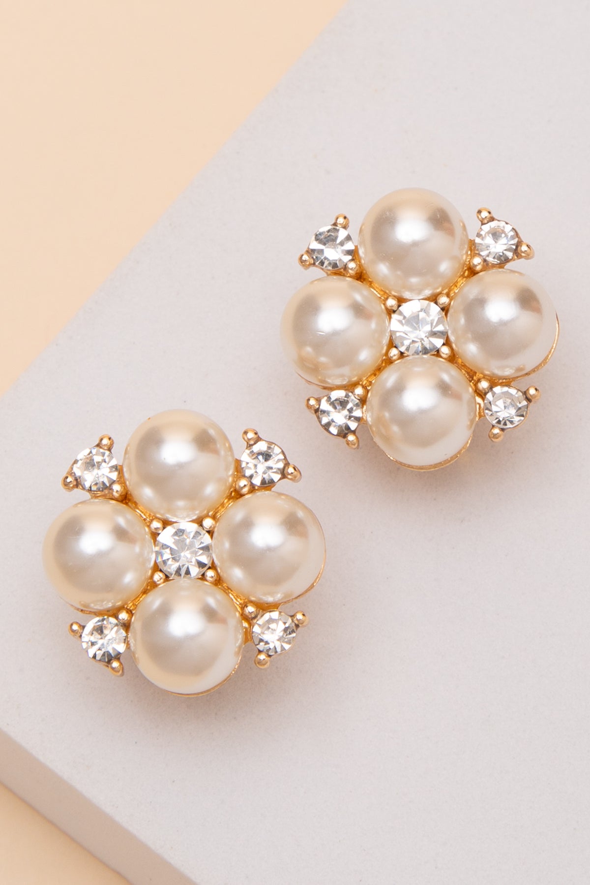 Liana Four Pearl Flower Clip On Earrings With Crystal Detail | Gold