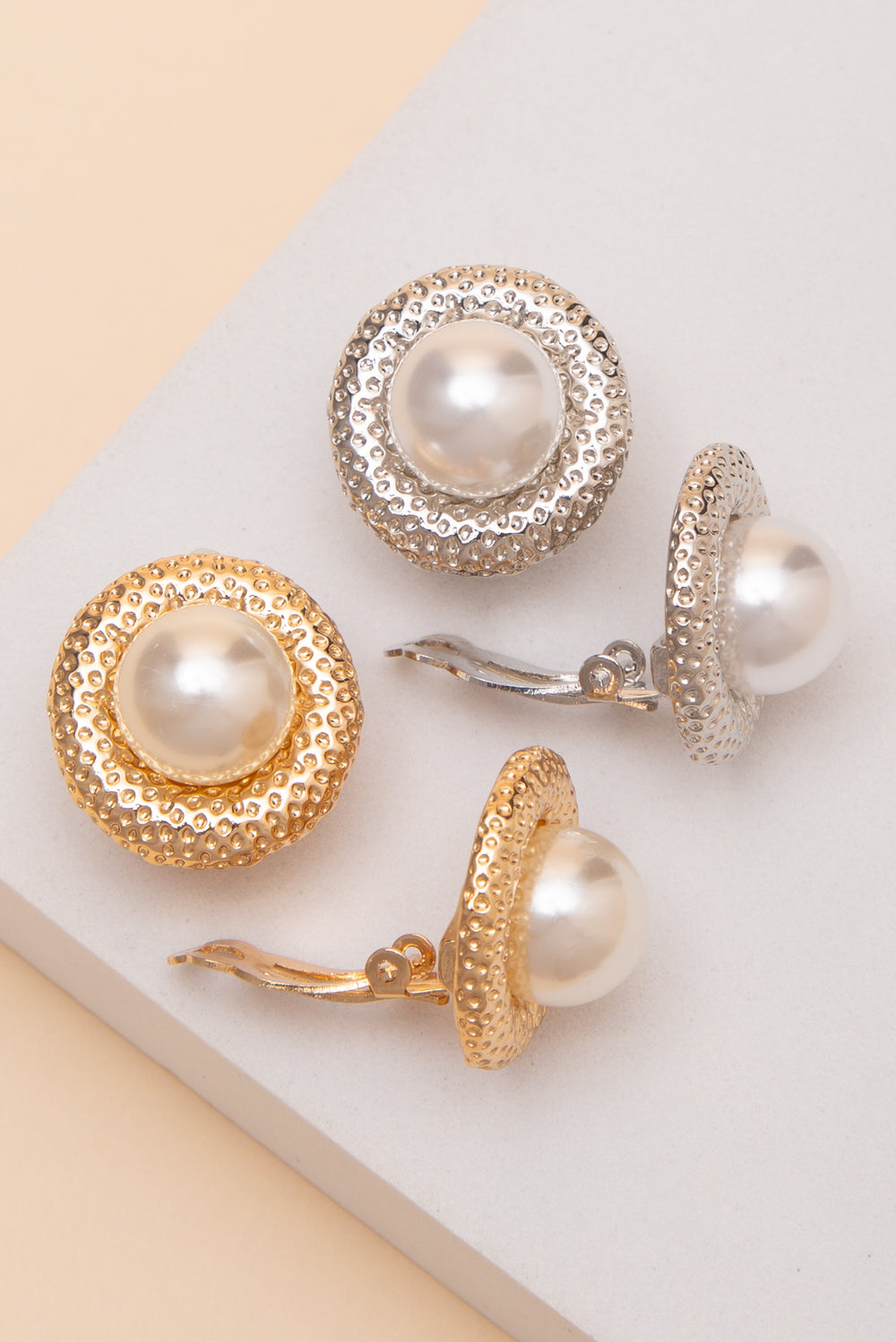 Penelope Center Pearl Textured Button Clip On Earrings